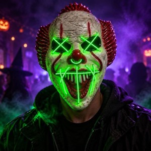 Kumandalı Yeşil Led Işıklı Halloween Korkunç Palyaço Pennywise Maskesi Plastik 